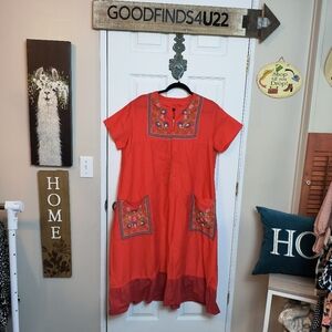 Vintage Muumoo Embroidered House Dress Stitching Short Sleeve Midi Pockets L